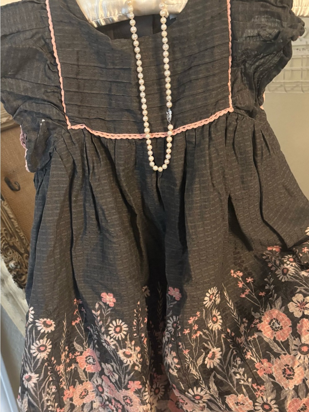 Girls Black Floral Embroidered Dress with Pink Trim